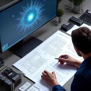 Tecnico che progetta un pc con schemi e componenti